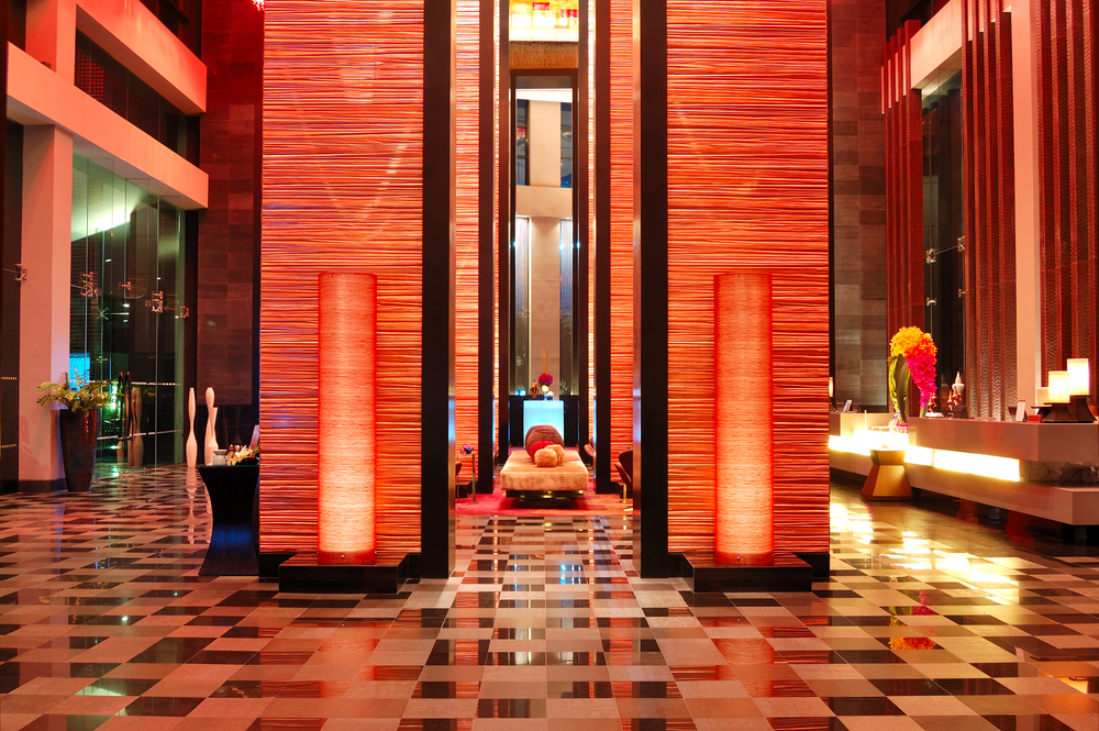 Modern lobby interior in night illumination, Pattaya, Thailand