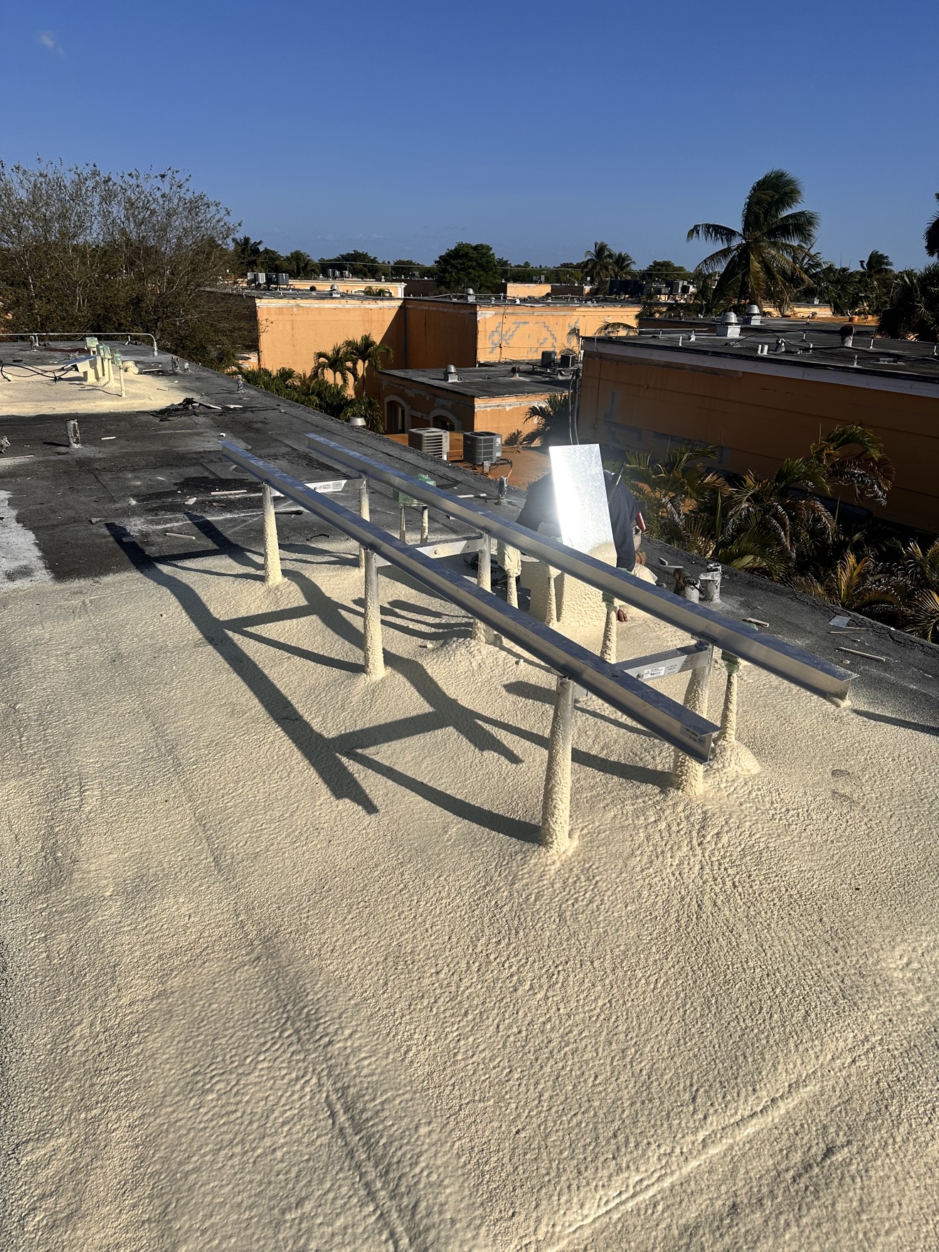 The roof we started with: old condensers and failing stands