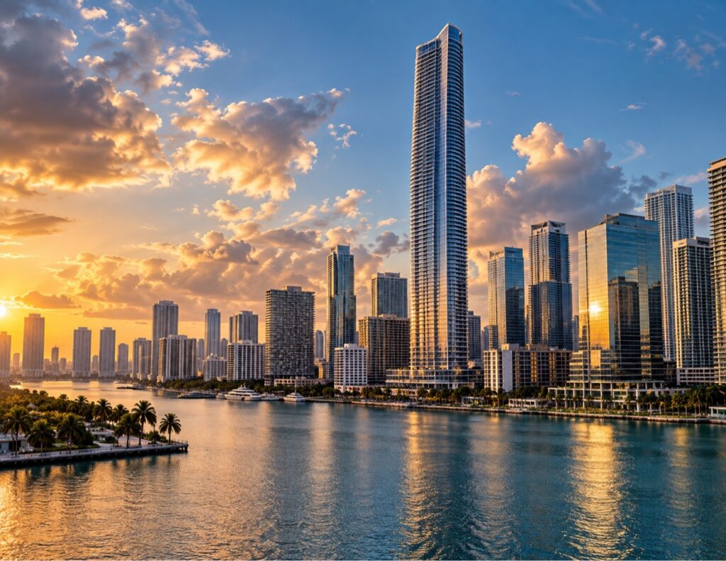 South Florida high-rise skyline at sunset