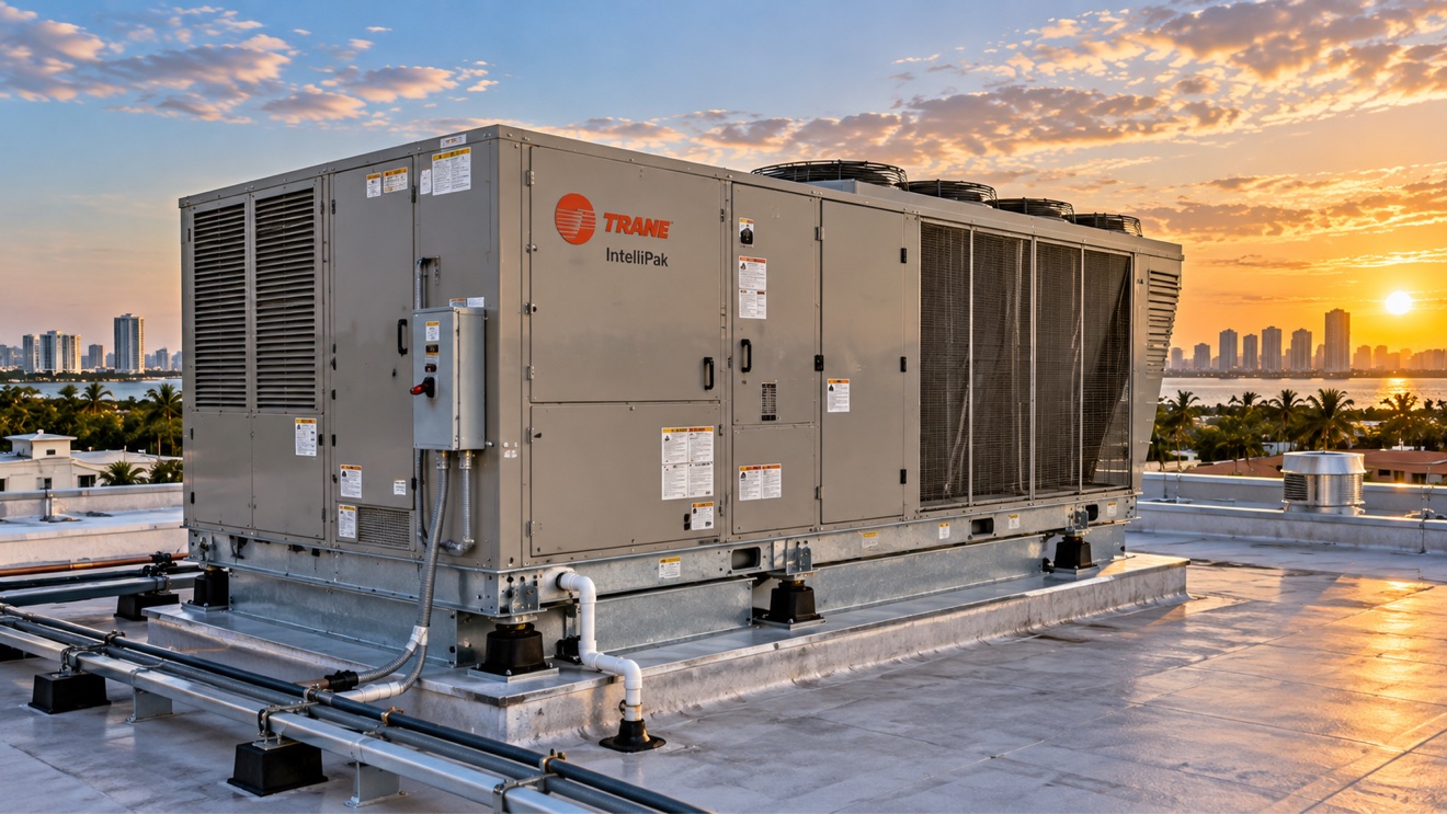 Trane IntelliPak rooftop package unit at sunset